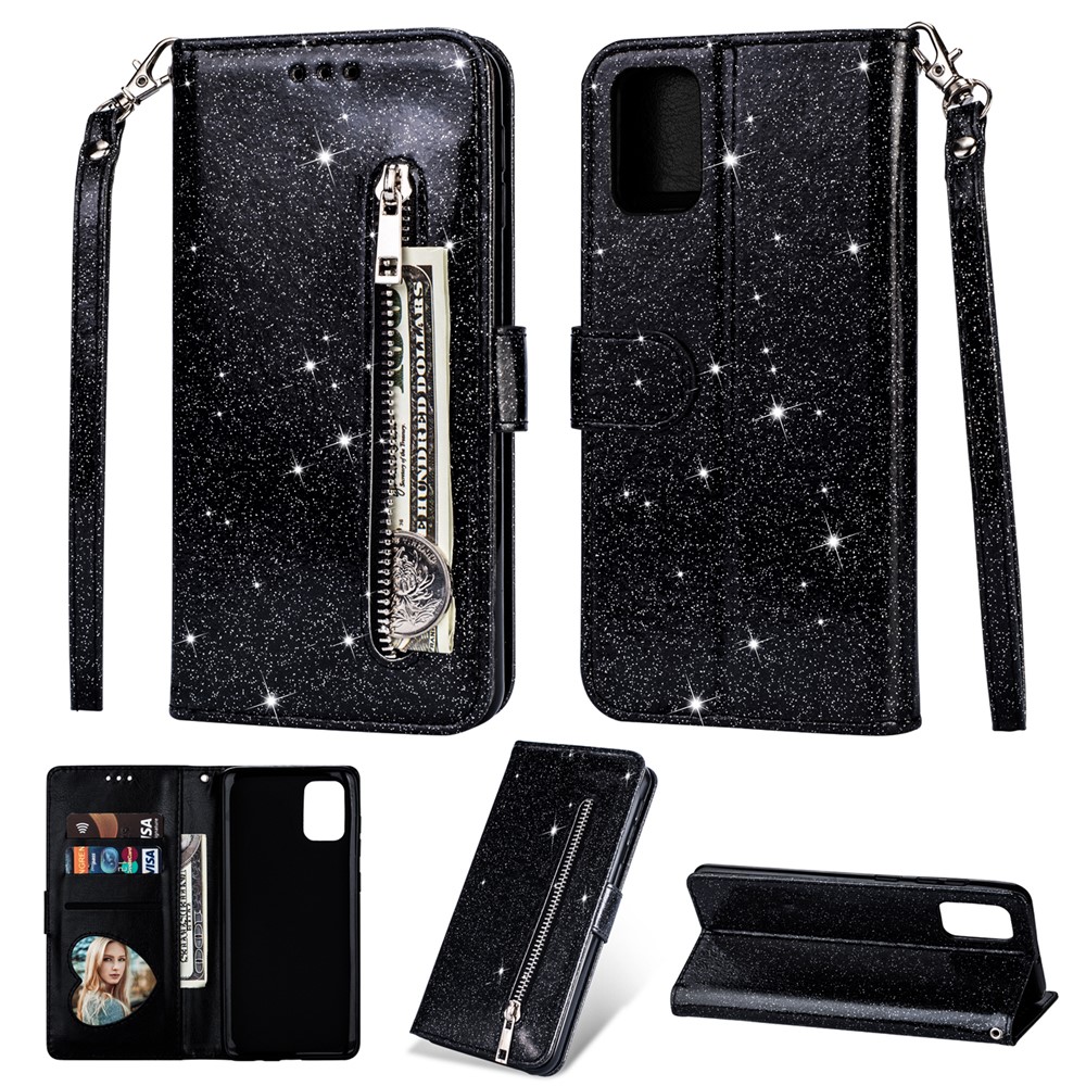 Glitter Powder Zippered Stand Leather Wallet Case with Strap for Samsung Galaxy A41 (Global Version) - Black-1