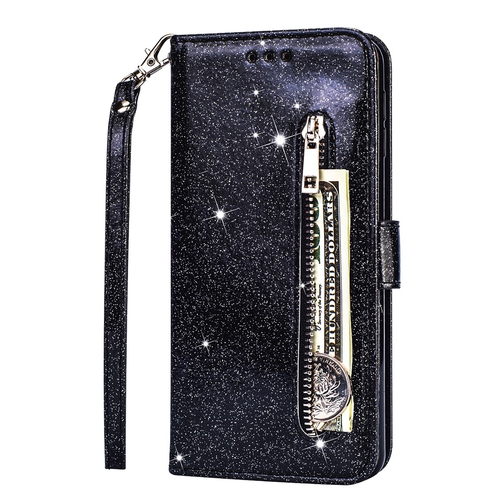 Glitter Powder Zippered Stand Leather Wallet Case with Strap for Samsung Galaxy A41 (Global Version) - Black-3