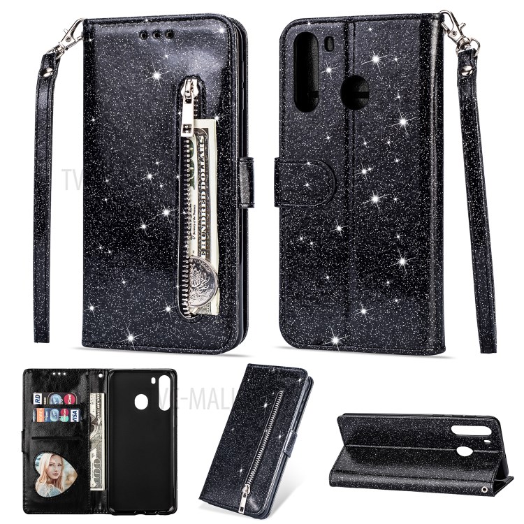 Glitter Powder Zipper Pocket Stand Leather Wallet Case with Strap for Samsung Galaxy A21 - Black-1