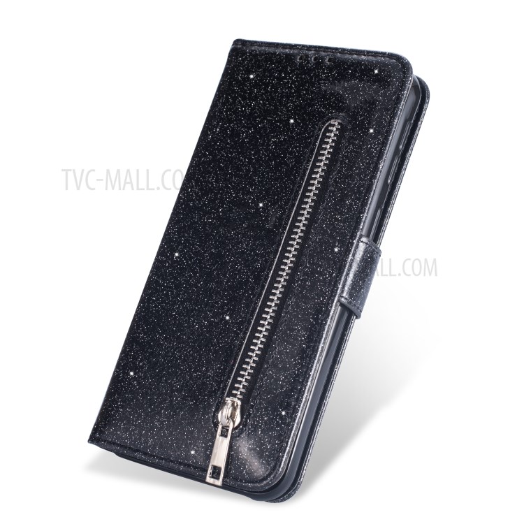 Glitter Powder Zipper Pocket Stand Leather Wallet Case with Strap for Samsung Galaxy A21 - Black-2