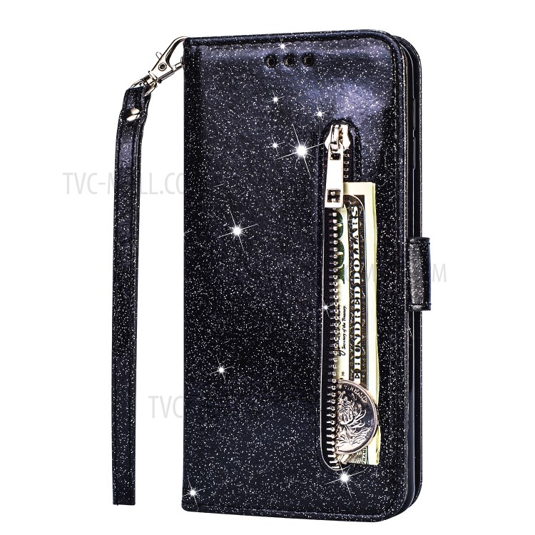 Glitter Powder Zipper Pocket Stand Leather Wallet Case with Strap for Samsung Galaxy A21 - Black-3