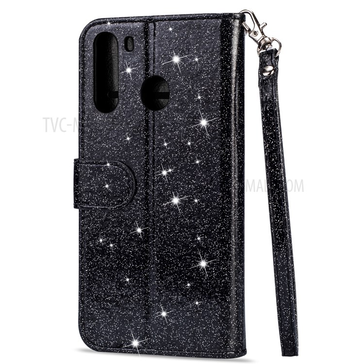 Glitter Powder Zipper Pocket Stand Leather Wallet Case with Strap for Samsung Galaxy A21 - Black-4