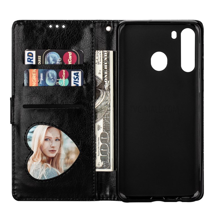 Glitter Powder Zipper Pocket Stand Leather Wallet Case with Strap for Samsung Galaxy A21 - Black-6