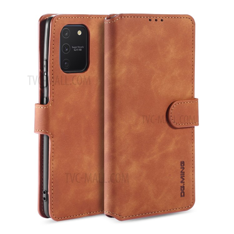 DG.MING Retro Style Leather Wallet Stand Protective Case for Samsung Galaxy A91/S10 Lite - Brown-1