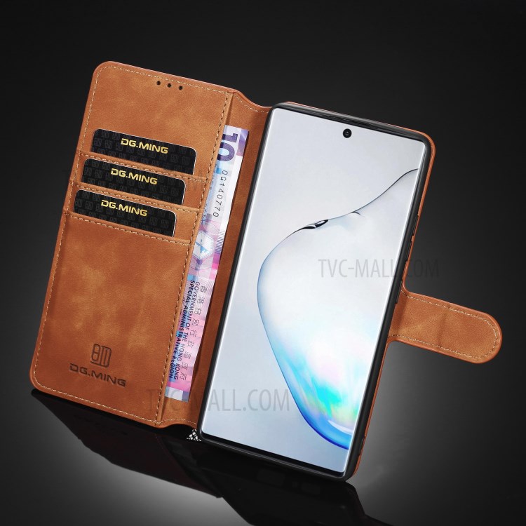 DG.MING Retro Style Leather Wallet Stand Protective Case for Samsung Galaxy A91/S10 Lite - Brown-10