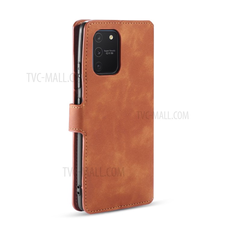 DG.MING Retro Style Leather Wallet Stand Protective Case for Samsung Galaxy A91/S10 Lite - Brown-3