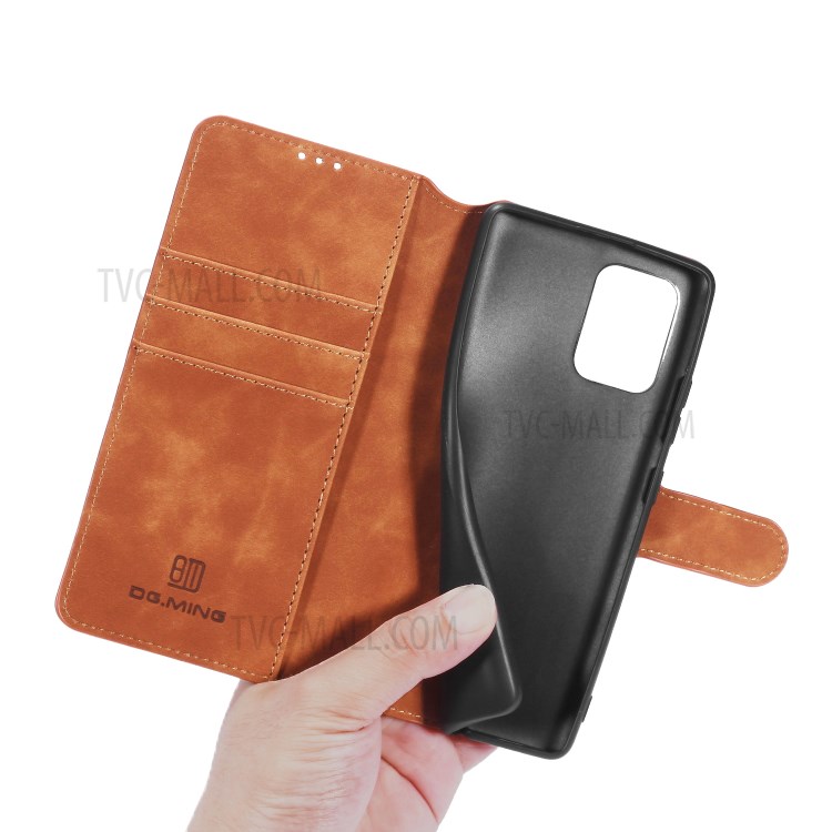 DG.MING Retro Style Leather Wallet Stand Protective Case for Samsung Galaxy A91/S10 Lite - Brown-7