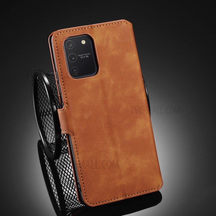 DG.MING Retro Style Leather Wallet Stand Protective Case for Samsung Galaxy A91/S10 Lite - Brown-9