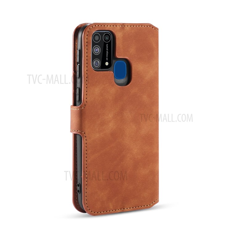 DG.MING Retro Style Leather Wallet Stand Phone Case for Samsung Galaxy M31 - Brown-3