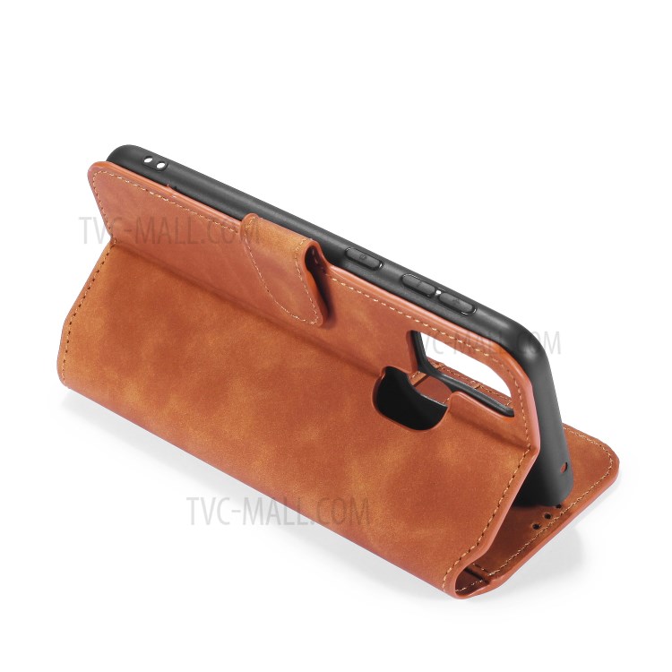 DG.MING Retro Style Leather Wallet Stand Phone Case for Samsung Galaxy M31 - Brown-6