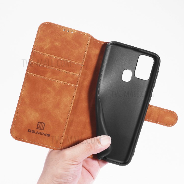 DG.MING Retro Style Leather Wallet Stand Phone Case for Samsung Galaxy M31 - Brown-7