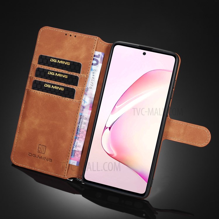 DG.MING Retro Style Leather Wallet Stand Phone Cover for Samsung Galaxy A81/Note 10 Lite - Brown-10