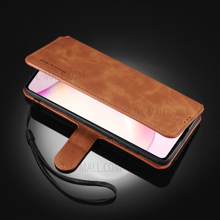 DG.MING Retro Style Leather Wallet Stand Phone Cover for Samsung Galaxy A81/Note 10 Lite - Brown-14