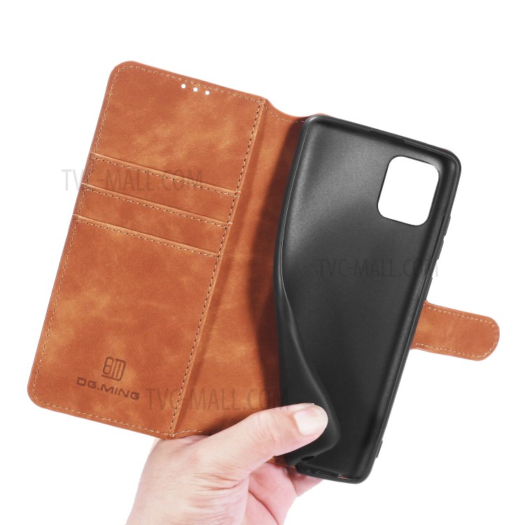 DG.MING Retro Style Leather Wallet Stand Phone Cover for Samsung Galaxy A81/Note 10 Lite - Brown-7