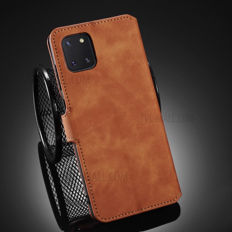 DG.MING Retro Style Leather Wallet Stand Phone Cover for Samsung Galaxy A81/Note 10 Lite - Brown-9