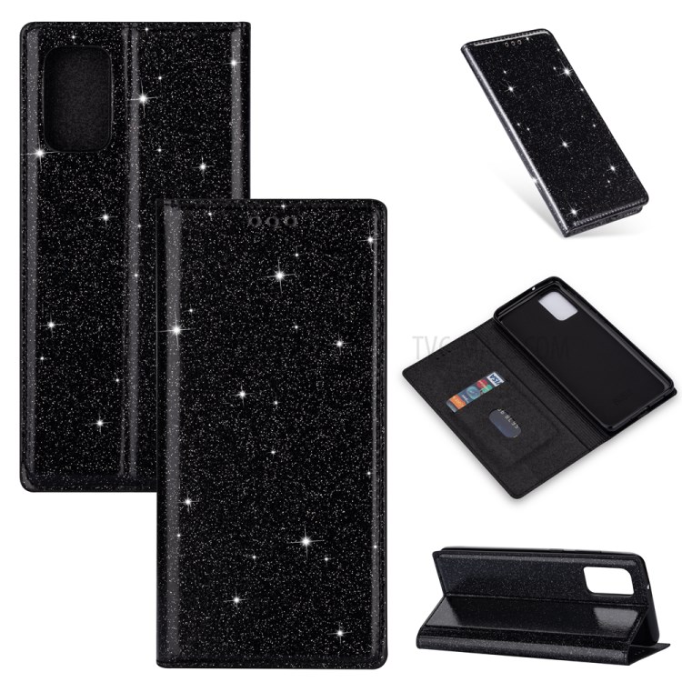 Flash Powder Auto-absorbed Leather Card Slot Cover Shell for Samsung Galaxy A91/S10 Lite - Black-1