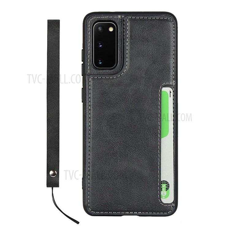 Leather Coated TPU with Card Holder Case with Kickstand for Samsung Galaxy S20 - Black-2