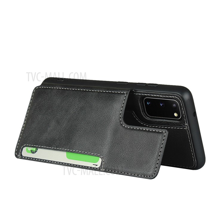 Leather Coated TPU with Card Holder Case with Kickstand for Samsung Galaxy S20 - Black-4