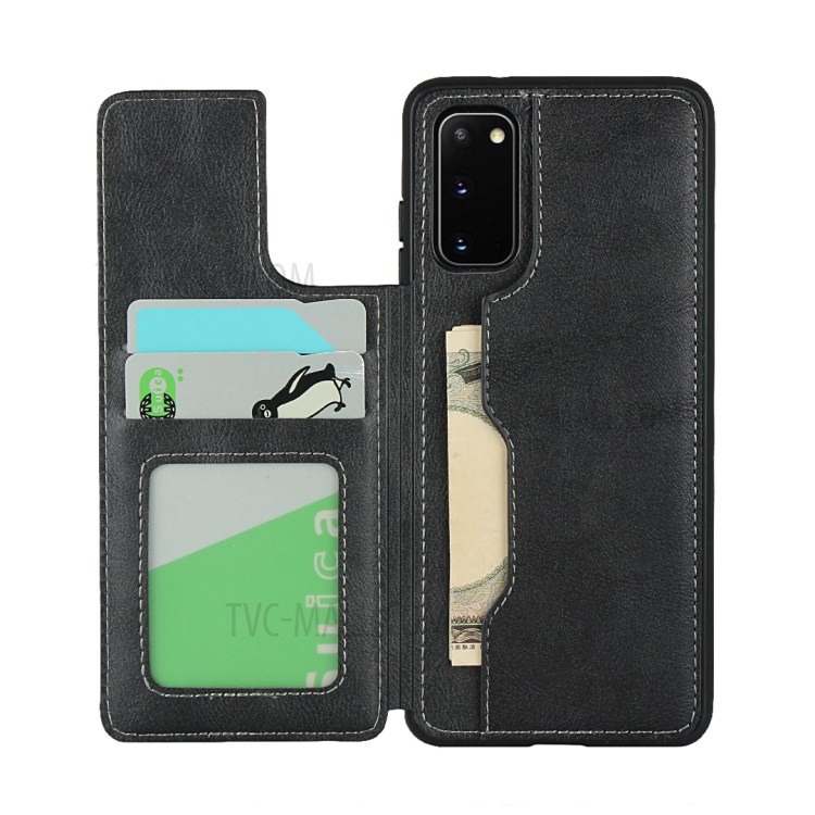 Leather Coated TPU with Card Holder Case with Kickstand for Samsung Galaxy S20 - Black-5