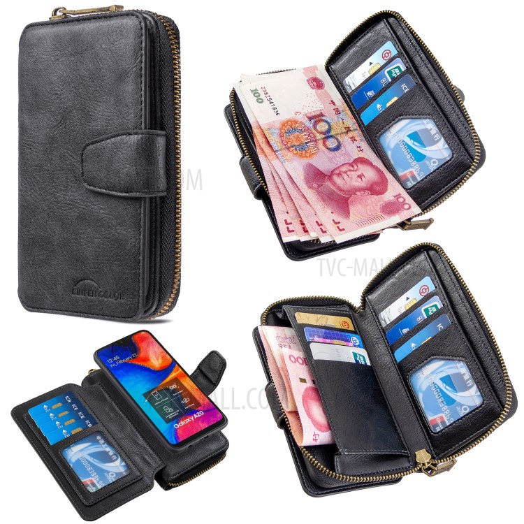 BF001 Detachable 2-in-1 Leather Zipper Wallet Protective Case for Samsung Galaxy A30/A20 - Black-1