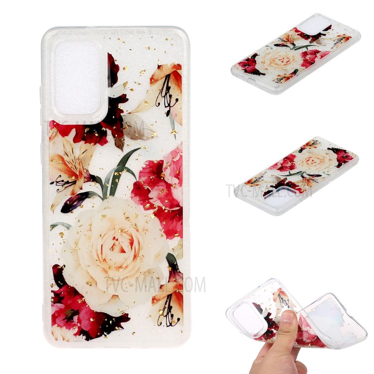 Glitter Sequins Inlaid Pattern Painting Soft TPU Back Shell for Samsung Galaxy S20 Plus - Whtie Rose Flower-1