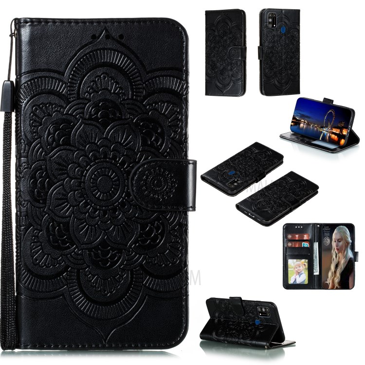 Imprint Malanda Flower Protective Wallet Stand Leather Case with Strap for Samsung Galaxy M31 - Black-1