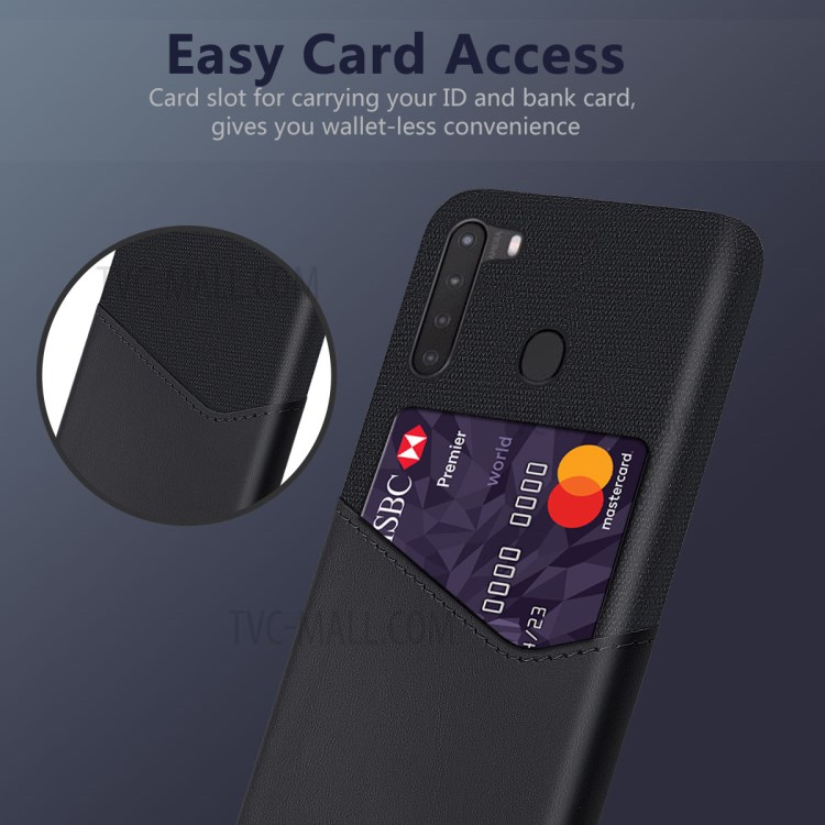 KSQ Cloth PU Leather Coated PC Back Case with Card Slot for Samsung Galaxy A21 - Black-2