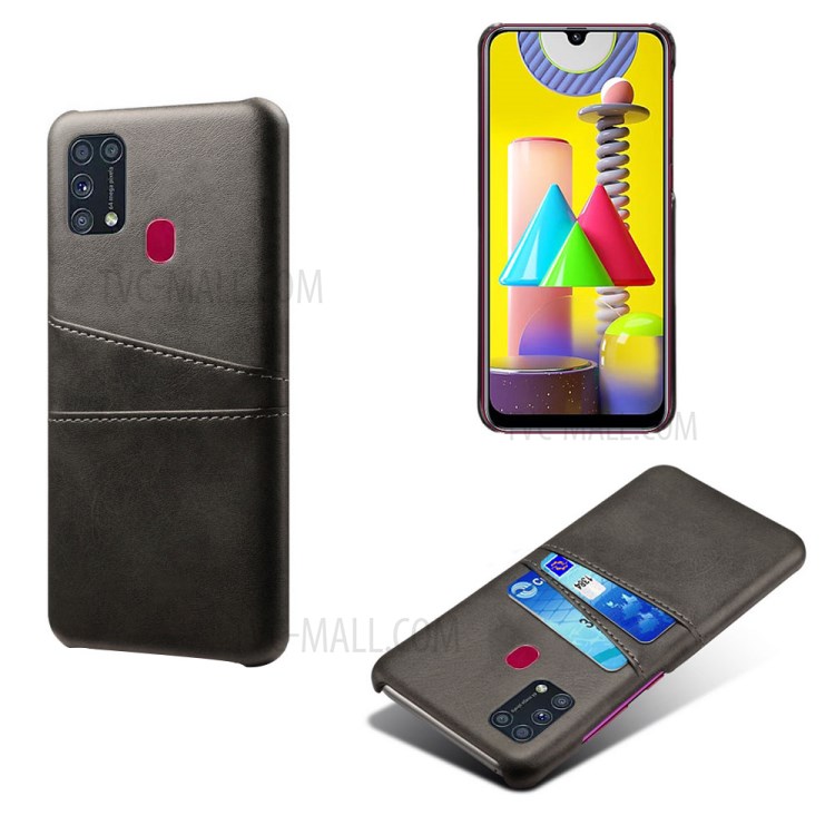 KSQ Double Card Slots PU Leather Coated Plastic Hard Phone Case for Samsung Galaxy M31 - Black-1