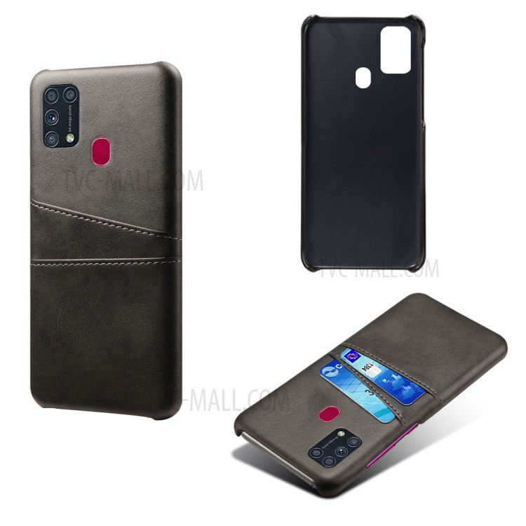 KSQ Double Card Slots PU Leather Coated Plastic Hard Phone Case for Samsung Galaxy M31 - Black-2