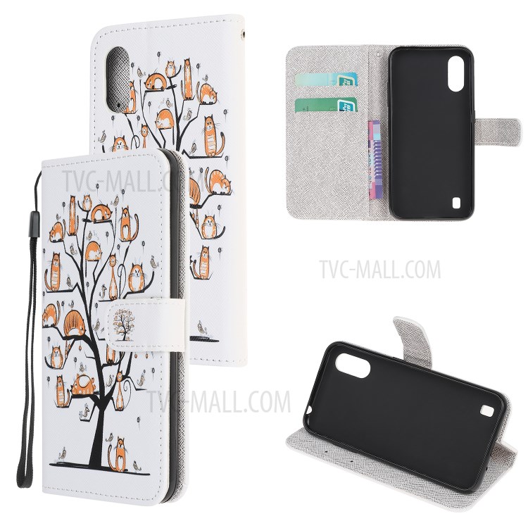 Pattern Printing Cross Texture Magnetic Leather Stand Case for Samsung Galaxy A01 - Animal and Tree-1