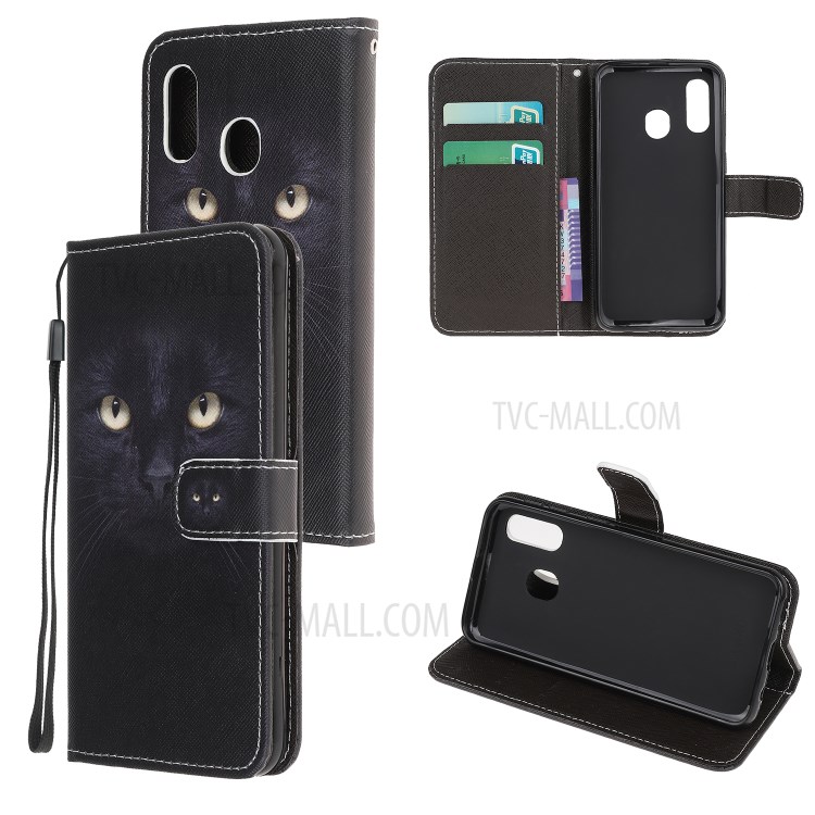 Cross Texture Pattern Printing Leather Wallet Cover with Strap for Samsung Galaxy A20e - Black Cat-1