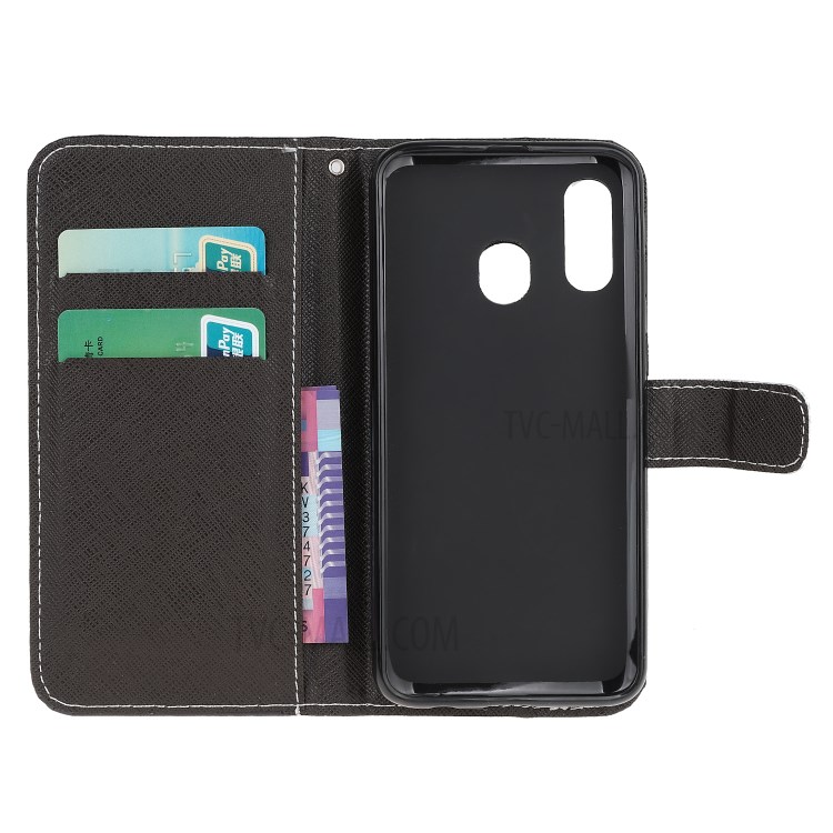 Cross Texture Pattern Printing Leather Wallet Cover with Strap for Samsung Galaxy A20e - Black Cat-3