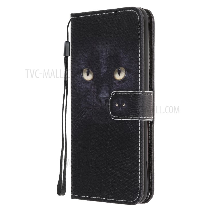 Cross Texture Pattern Printing Leather Wallet Cover with Strap for Samsung Galaxy A20e - Black Cat-4