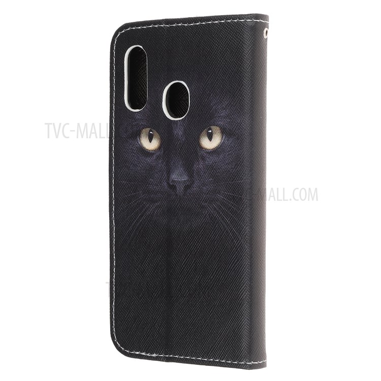 Cross Texture Pattern Printing Leather Wallet Cover with Strap for Samsung Galaxy A20e - Black Cat-5