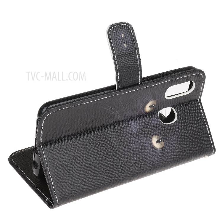 Cross Texture Pattern Printing Leather Wallet Cover with Strap for Samsung Galaxy A20e - Black Cat-6