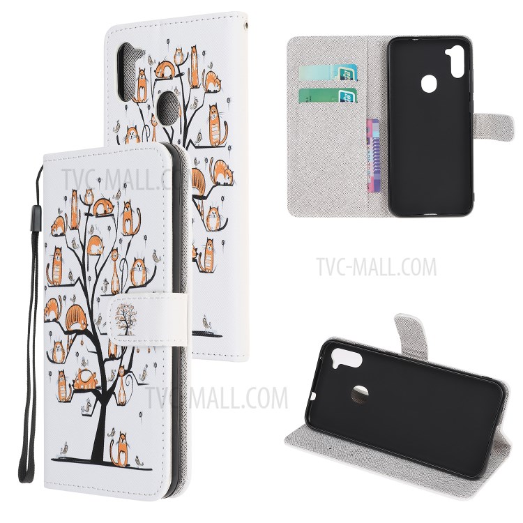 Pattern Printing Cross Texture Leather Wallet Case for Samsung Galaxy A11 - Animal and Tree-1