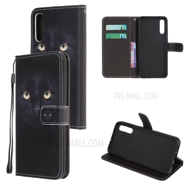Pattern Printing Cross Texture Leather Wallet Phone Cover with Strap for Samsung Galaxy A70 - Cat Eyes-1