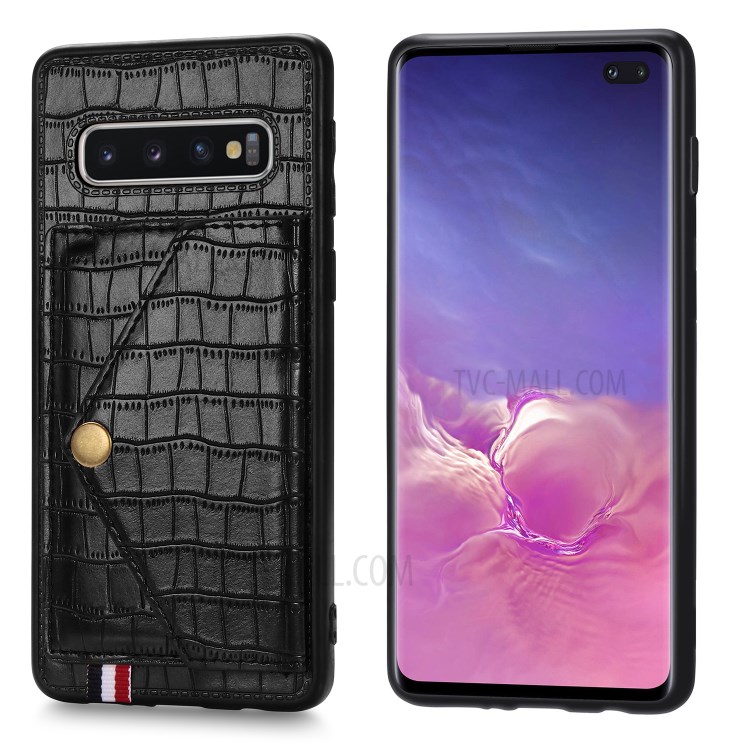 Crocodile Skin with Card Holder PU Leather Coated TPU Shell for Samsung Galaxy S10 Plus - Black-3