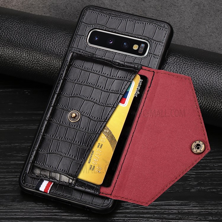 Crocodile Skin with Card Holder PU Leather Coated TPU Shell for Samsung Galaxy S10 Plus - Black-6