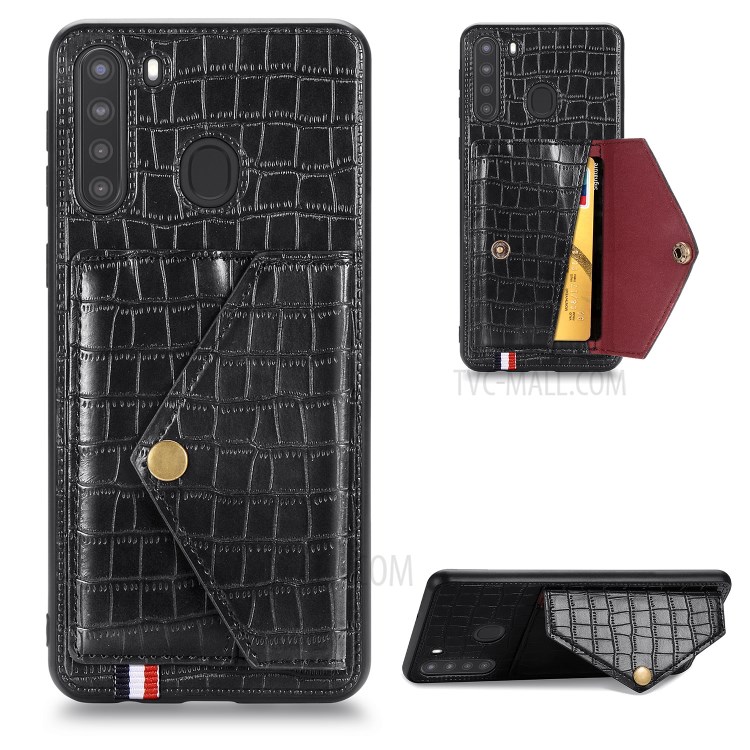 Crocodile Skin PU Leather Coated TPU Shell for Samsung Galaxy A21 - Black-1