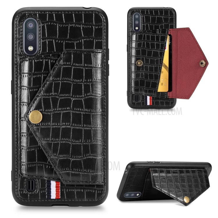 Crocodile Skin Phone Case Card Holder for Samsung Galaxy A01 - Black-1