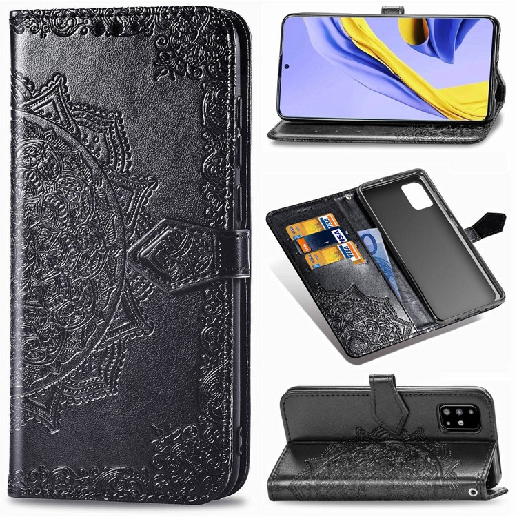 Embossed Mandala Flower Wallet Leather Stand Phone Protection Cover for Samsung Galaxy A71 SM-A715 - Black-1