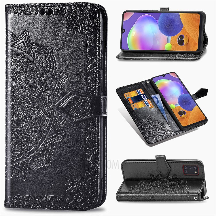 Embossed Mandala Flower Wallet Leather Stand Phone Protection Cover for Samsung Galaxy A31 - Black-1