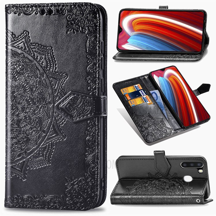 Embossed Mandala Flower Leather Wallet Case for Samsung Galaxy A21 - Black-1