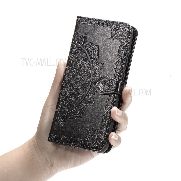 Embossed Mandala Flower Leather Wallet Case for Samsung Galaxy A21 - Black-12