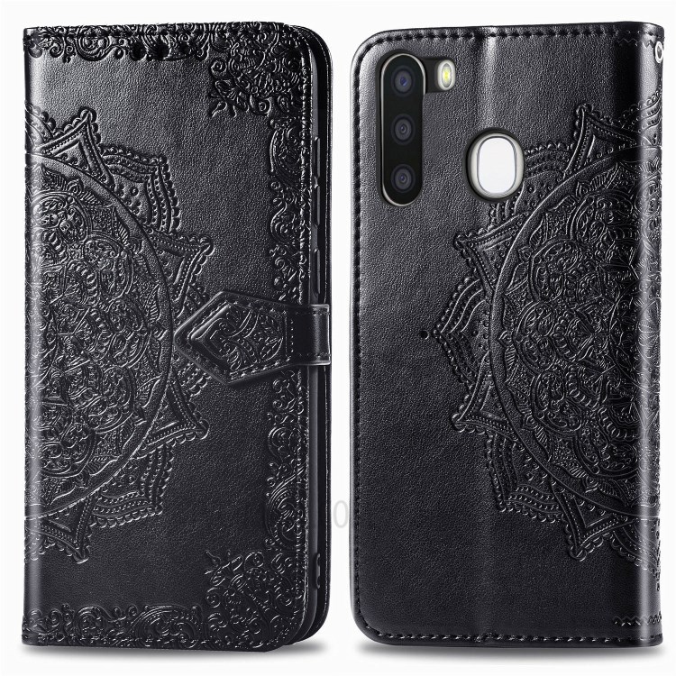 Embossed Mandala Flower Leather Wallet Case for Samsung Galaxy A21 - Black-5