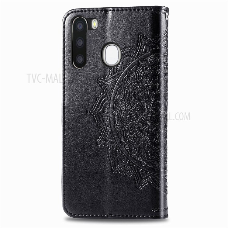 Embossed Mandala Flower Leather Wallet Case for Samsung Galaxy A21 - Black-7