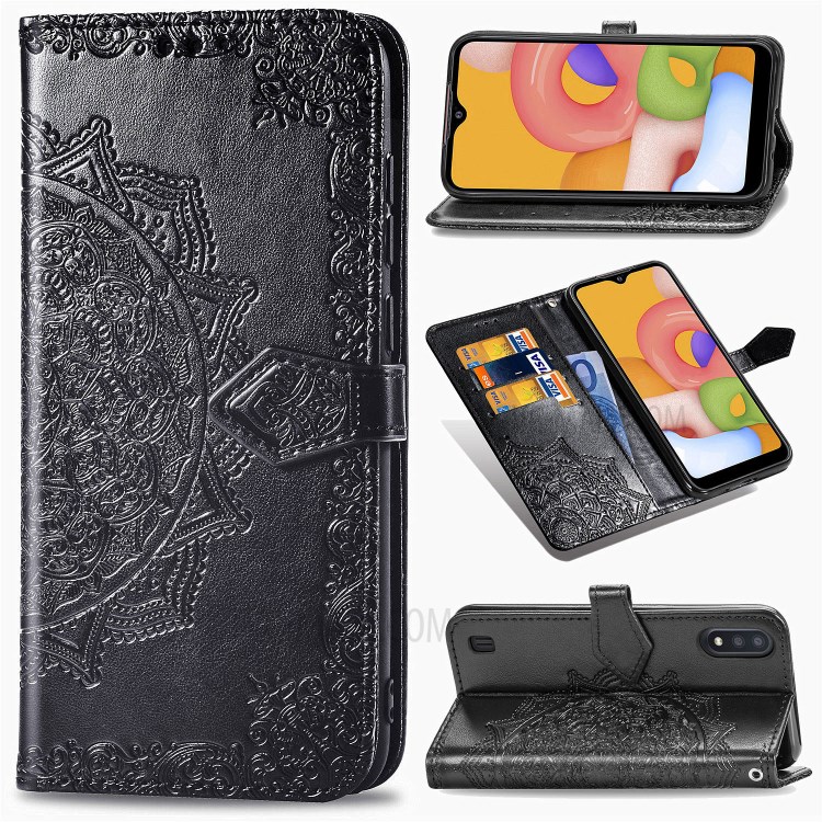 Embossed Mandala Flower Leather Wallet Stand Case for Samsung Galaxy A01 - Black-1