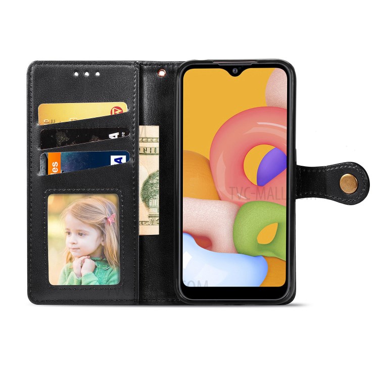 Round Buckle Wallet Leather Stand Case for Samsung Galaxy A01 - Black-4