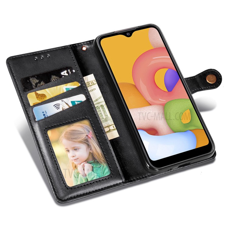 Round Buckle Wallet Leather Stand Case for Samsung Galaxy A01 - Black-7